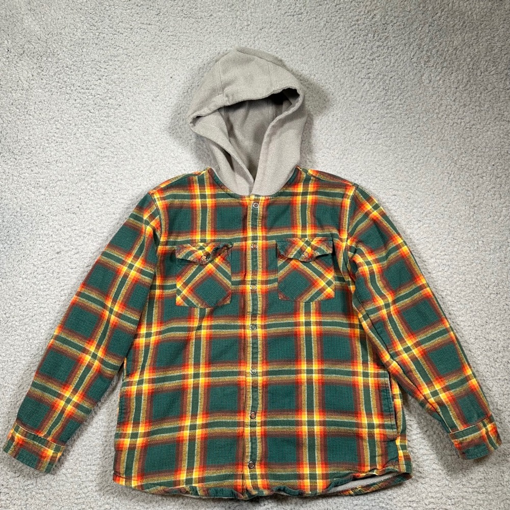 LL Bean Fleece Lined Plaid Flannel Hoodie Shirt Jacket Kids Large 14-16 Outdoor - Picture 3 of 16